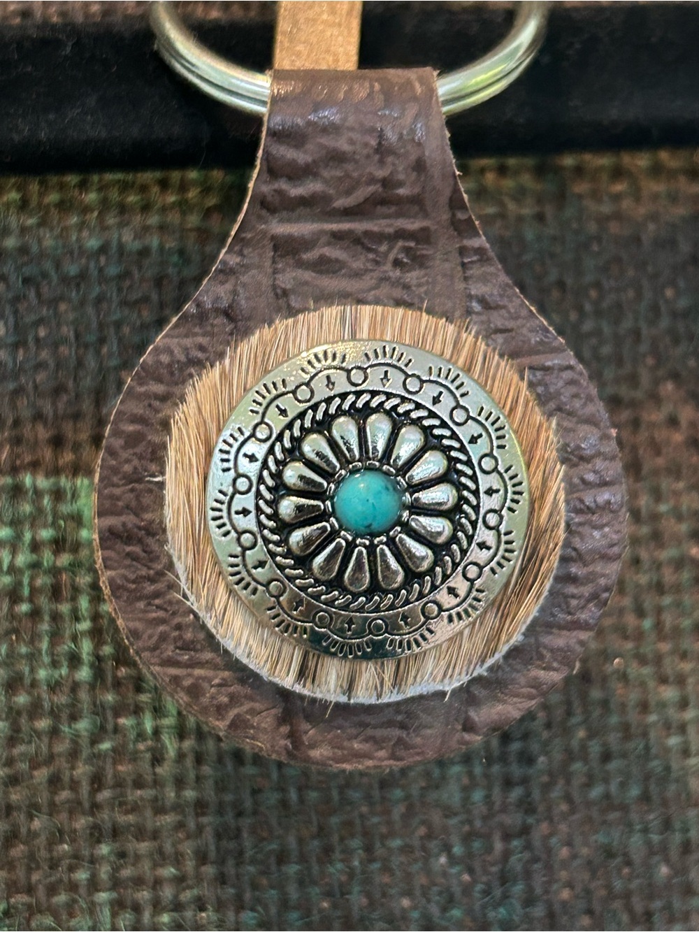Brown Leather Keychain with Turquoise Accent and Silver Concho